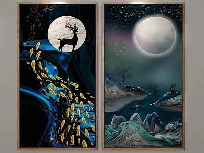 Decorative Paintings With Moon Deer Mountains Boat And Golden Leaves 3d model