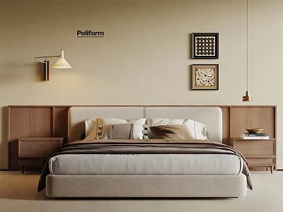 Minimalist Double Bed with Wooden Headboard Nightstands Decorative Paintings Wall Lamp and Pendant Light 3d model