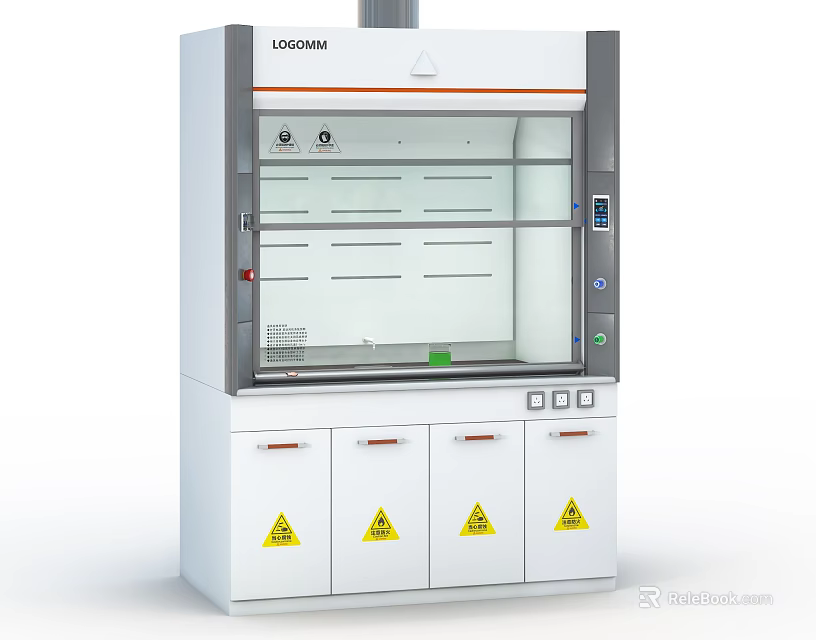 Laboratory Fume Hood With White Cabinet Glass Door Control Panel And Warning Labels 3d model 