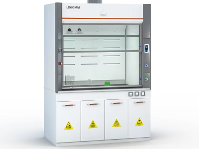 Laboratory Fume Hood With White Cabinet Glass Door Control Panel And Warning Labels 3d model