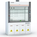 Laboratory Fume Hood With White Cabinet Glass Door Control Panel And Warning Labels