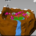 Low Poly Rocky Mountain With Snow Pink Trees Green Meadow Cabin Blue Waterfall and Clouds