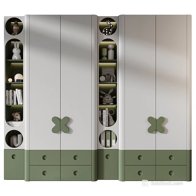 Modern Green And White Wardrobe With Butterfly Handles Drawers And Open Shelves Design 3d model 
