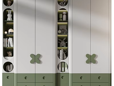 Modern Green And White Wardrobe With Butterfly Handles Drawers And Open Shelves Design 3d model