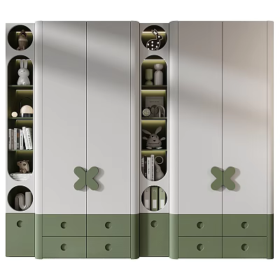 Modern Green And White Wardrobe With Butterfly Handles Drawers And Open Shelves Design 3d model