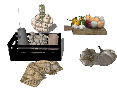 Fresh Garlic Bunches Cloves and Bulbs Displayed on Tray Wooden Board and Burlap 3d model
