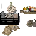 Fresh Garlic Bunches Cloves and Bulbs Displayed on Tray Wooden Board and Burlap