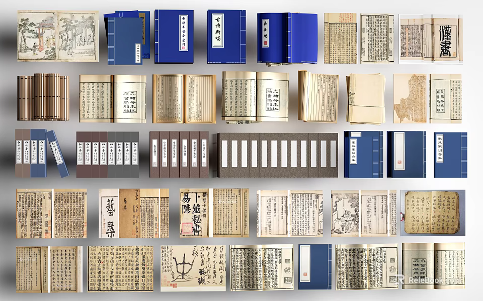 Vintage Chinese Books And Magazines With Blue Covers And Traditional Script 3d model 