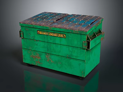 Green Dumpster With Blue Red Striped Top And Asbestos Warning Label 3d model