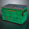Green Dumpster With Blue Red Striped Top And Asbestos Warning Label