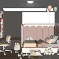 Kids Bedroom Interior With Pink Scalloped Bed Stuffed Toys Desk Chair Balloons And Wooden Floor