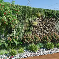 Lush Living Plant Wall Design With Various Green Plants Flowers Pebbles And Wooden Base