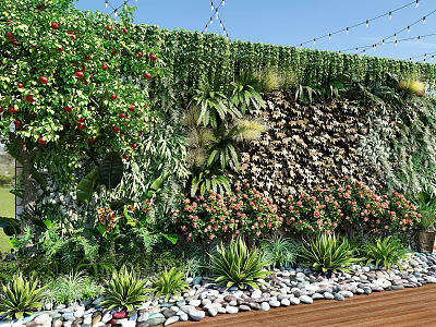 Lush Living Plant Wall Design With Various Green Plants Flowers Pebbles And Wooden Base 3d model