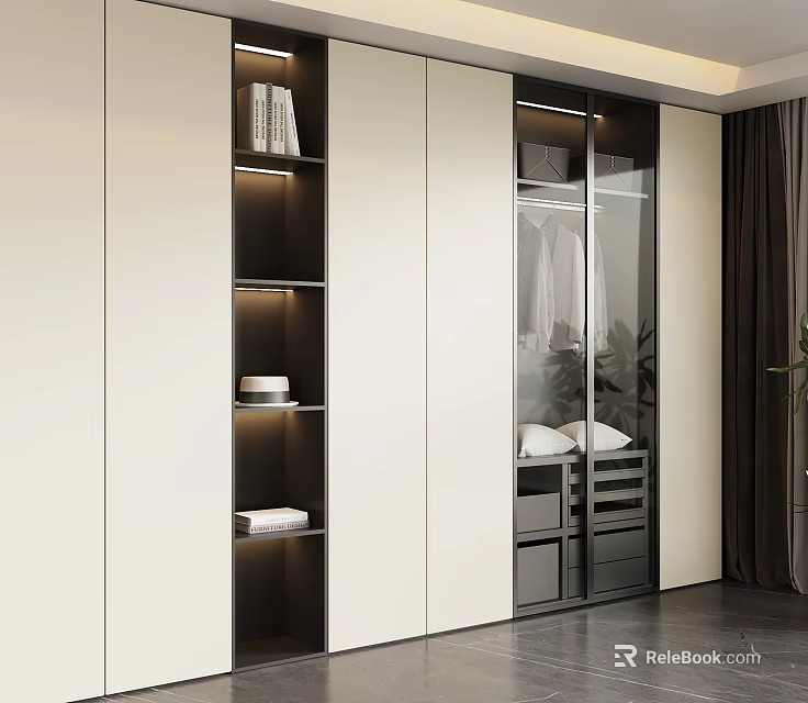 Modern Sleek Wardrobe Interior Design With Glass Doors Storage Shelves And Drawers 3d model 