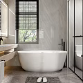 Modern Elegant Bathroom Interior With Large Mirror Double Vanity Marble Countertop Storage Cabinets And Bathtub