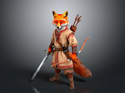 Fox Warrior Character In Detailed Traditional Costume With Bow Arrow And Sword 3d model