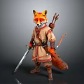 Fox Warrior Character In Detailed Traditional Costume With Bow Arrow And Sword