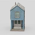 Cartoon Blue Two Story Wooden House With Gray Roof And Porch Windows
