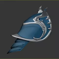 Futuristic Blue Helmet With Silver Edges Horn Like Projections And Glossy Surface