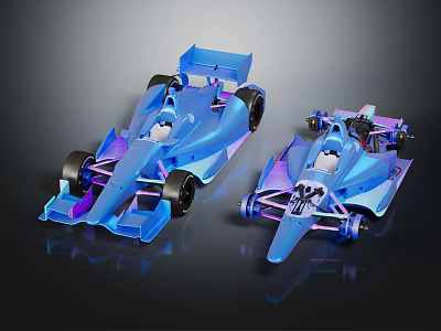Two Shiny Streamlined Race Cars With Blue Purple Exterior Displayed Side By Side 3d model