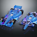 Two Shiny Streamlined Race Cars With Blue Purple Exterior Displayed Side By Side