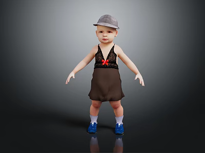 Child Wearing Gray Hat Brown Dress With Lace Red Detail Blue Shoes And White Socks 3d model