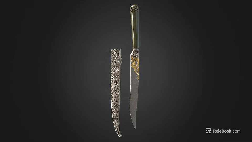 Traditional Decorative Knife With Green Handle Golden Decorations And Engraved Sheath 3d model 