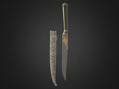 Traditional Decorative Knife With Green Handle Golden Decorations And Engraved Sheath 3d model