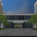 Modern Entrance Gate With Glass Facade Flanking Trees And Spacious Plaza Front