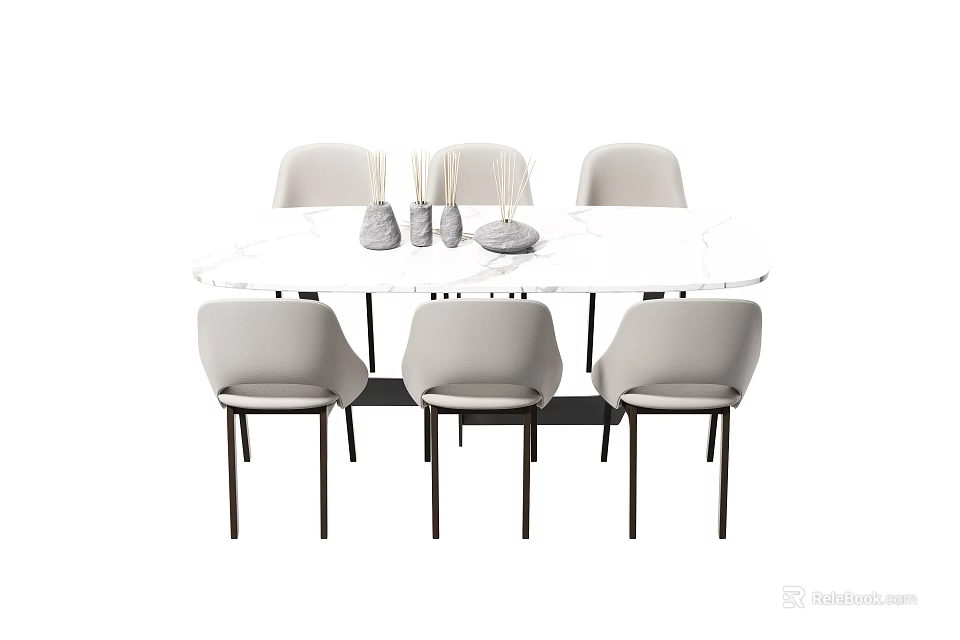 Modern Dining Table Set with Marble Top Grey Upholstered Chairs and Decorative Items 3d model