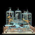Decorative Blue Birdcages Connected by Vines with Yellow Leaves and Small Items