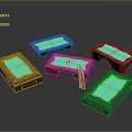 Various Colored Billiard Tables With Green Felt Surfaces Wooden Frames And Cues