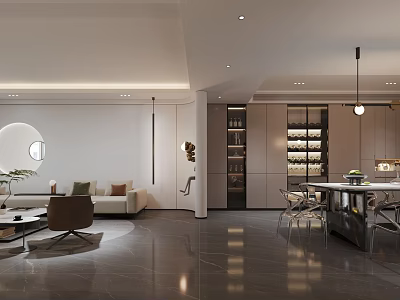 Modern Living and Dining Room Interior With Sofa Dining Table Chairs And Pendant Lights 3d model