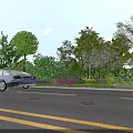 Municipal Road With Lush Trees Colorful Flowers And Blue Car In Scenic Urban Environment