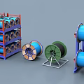 Industrial Equipment For Cable Reels Storage With Blue Green Racks And Stands