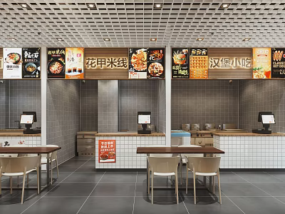 Modern Restaurant Interior With Multiple Food Stalls Cashier Counters And Tables Chairs 3d model