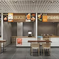 Modern Restaurant Interior With Multiple Food Stalls Cashier Counters And Tables Chairs