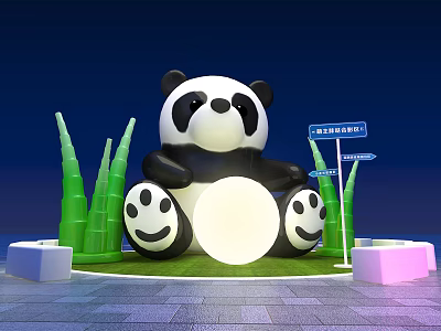 Panda Themed Photo Check In Spot with Green Bamboo Plants and Illuminated Signposts at Night 3d model