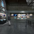 Industrial Museum Interior Featuring Large Vintage Equipment Display Boards And Visitors