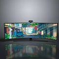 Curved TV Displaying Colorful Street Scene With Buildings Green Plants Vehicle On Smooth Reflective Surface