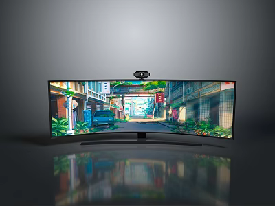 Curved TV Displaying Colorful Street Scene With Buildings Green Plants Vehicle On Smooth Reflective Surface 3d model