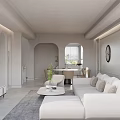 Modern Dining Room Interior With Oval Illuminated Light Fixture Gray Cabinet And Green Plant
