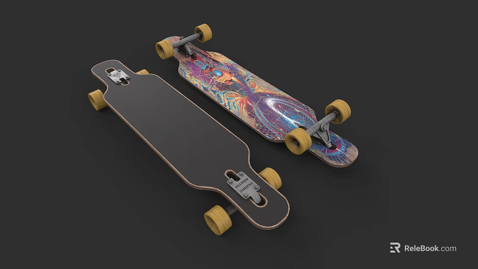 Two Skateboards Featuring Black And Colorful Patterned Designs With Yellow Wheels 3d model 