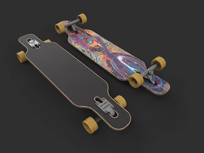 Two Skateboards Featuring Black And Colorful Patterned Designs With Yellow Wheels 3d model