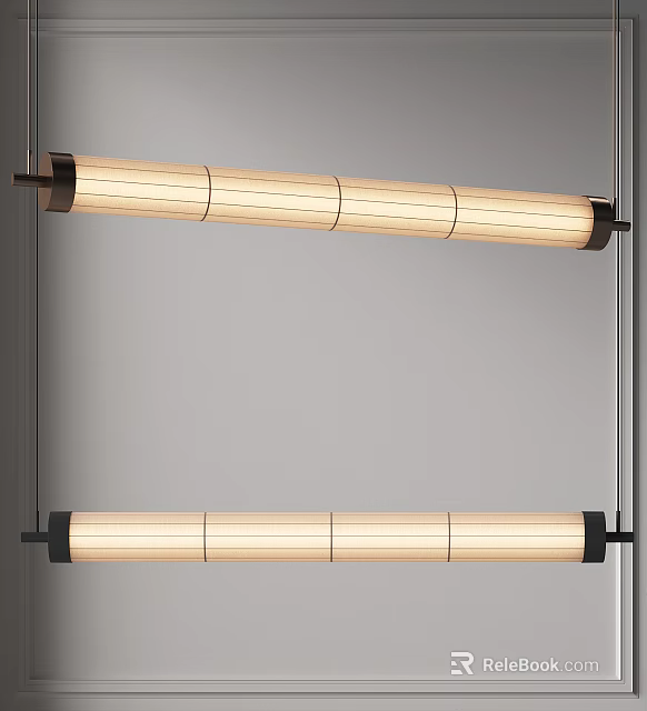 Modern Minimalist Long Cylindrical Pendant Lights With Wooden Texture And Black Frame 3d model 
