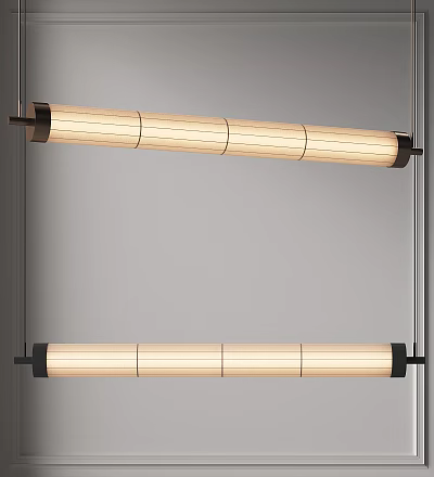 Modern Minimalist Long Cylindrical Pendant Lights With Wooden Texture And Black Frame 3d model