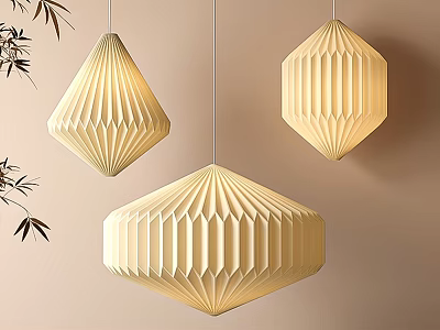 Modern Beige Paper Pendant Lights with Geometric Pleated Design and Bamboo Leaves on Wall 3d model