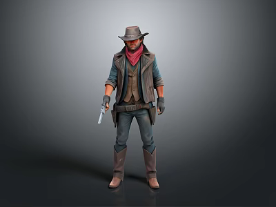 Man in Cowboy Outfit with Brown Hat Red Bandana Vest and Revolver 3d model