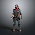 Man in Cowboy Outfit with Brown Hat Red Bandana Vest and Revolver