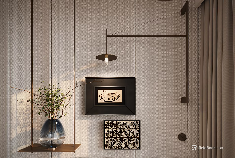 Abstract Painting Framed In Interior Decor With Hanging Lamp Textured Wall And Vase With Plants 3d model 
